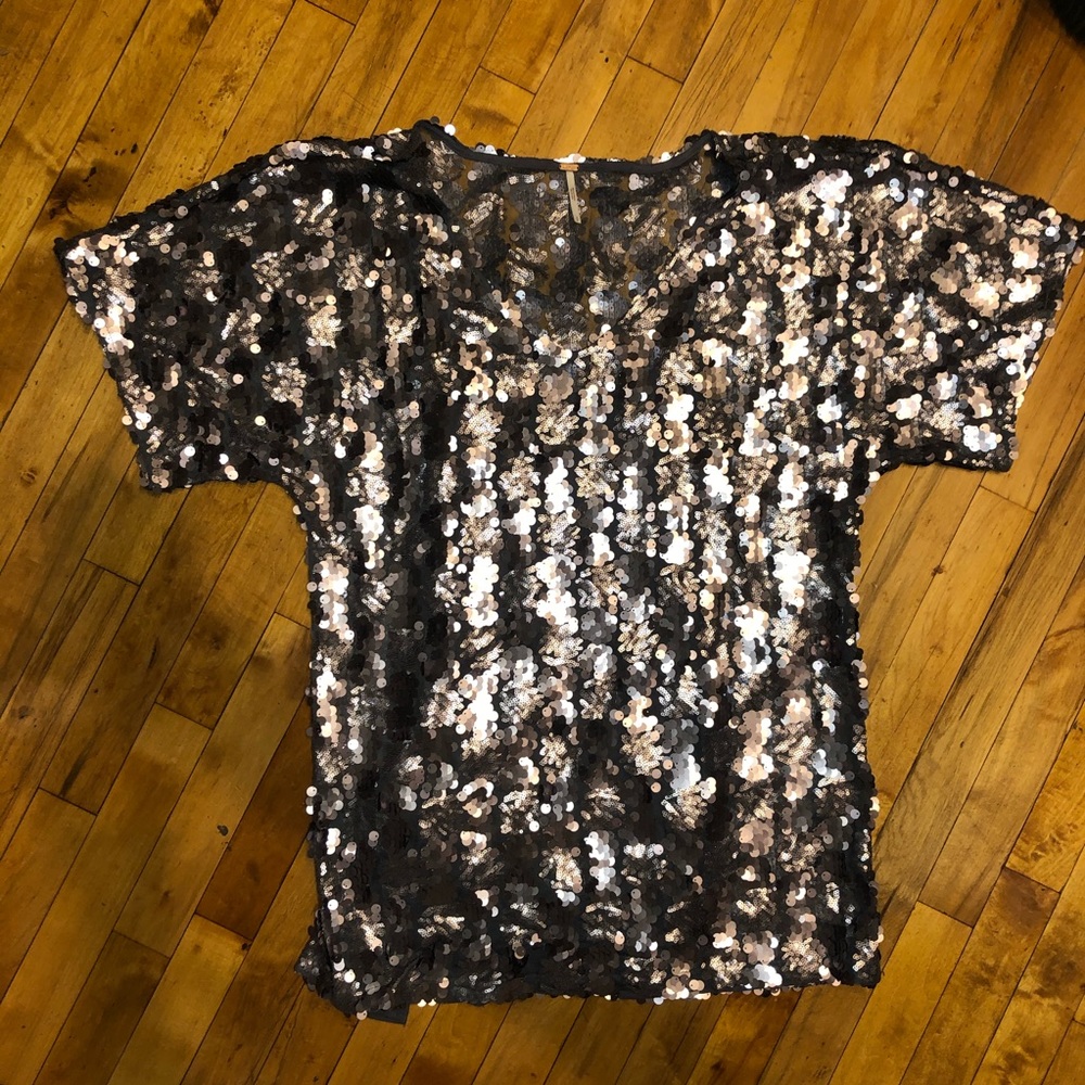 Free People Silver Sequin T-Shirt Dress